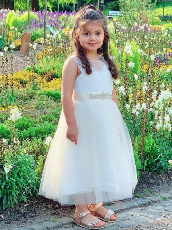 A-Line/Princess Tulle Lace Scoop Sleeveless Tea-Length Flower Girl Dresses CICIP0007477