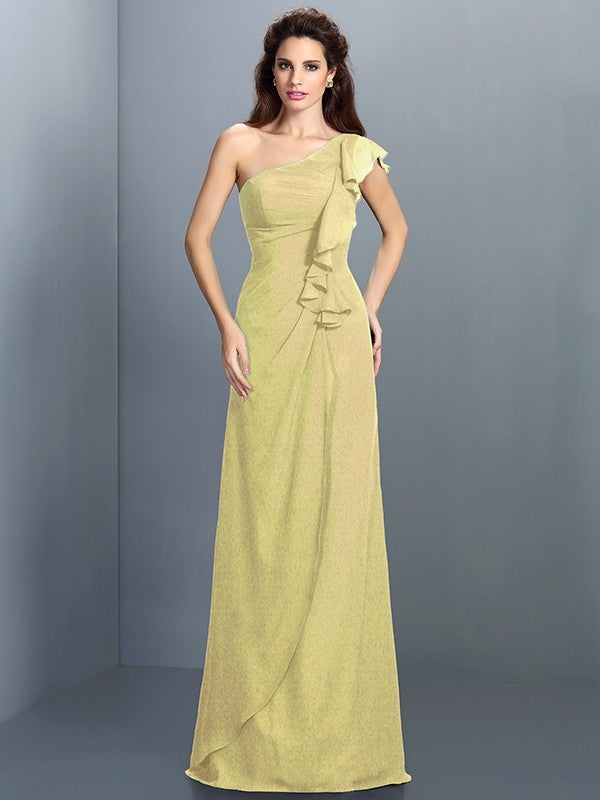 Sheath/Column One-Shoulder Pleats Sleeveless Long Chiffon Bridesmaid Dresses CICIP0005351