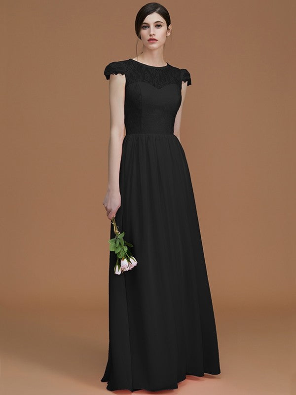 A-Line/Princess Jewel Short Sleeves Floor-Length Lace Chiffon Bridesmaid Dresses CICIP0005810