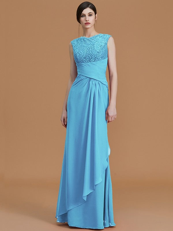 Sheath/Column Jewel Sleeveless Floor-Length Lace Chiffon Bridesmaid Dresses CICIP0005461