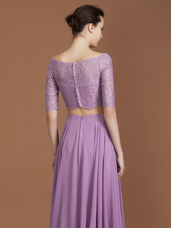 A-Line/Princess Lace Off-the-Shoulder 1/2 Sleeves Floor-Length Chiffon Bridesmaid Dress CICIP0005799