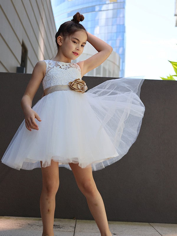 A-Line/Princess Tulle Lace Scoop Sleeveless Knee-Length Flower Girl Dresses CICIP0007480
