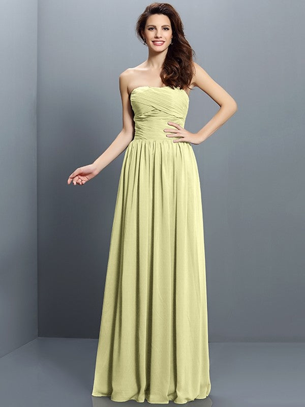 A-Line/Princess Strapless Pleats Sleeveless Long Chiffon Bridesmaid Dresses CICIP0005318