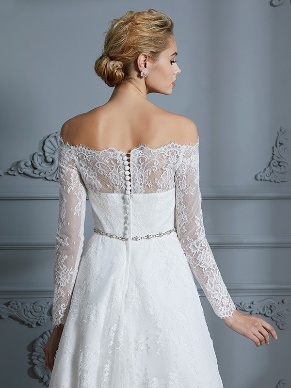 A-Line/Princess Long Sleeves Off-the-Shoulder Asymmetrical Lace Wedding Dresses CICIP0006338