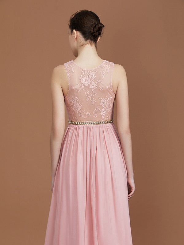 A-Line/Princess Lace Sleeveless Floor-Length Chiffon Ruched V-neck Bridesmaid Dresses CICIP0005862