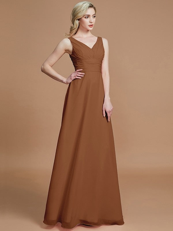 A-Line/Princess Sleeveless Floor-Length Chiffon V-neck Bridesmaid Dresses CICIP0005433