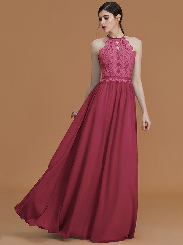 A-Line/Princess Halter Sleeveless Floor-Length Lace Chiffon Bridesmaid Dresses CICIP0005137