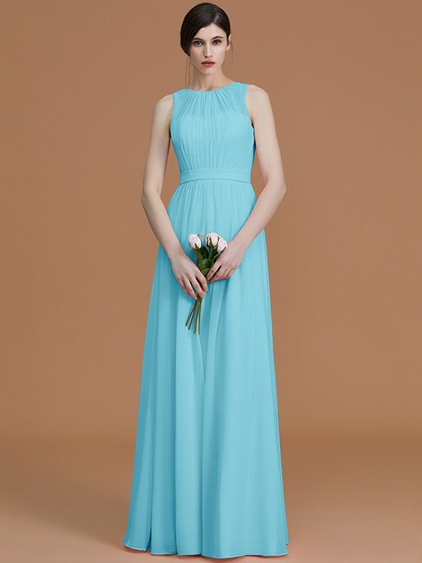 A-Line/Princess Jewel Sleeveless Floor-Length Ruched Chiffon Bridesmaid Dresses CICIP0005645