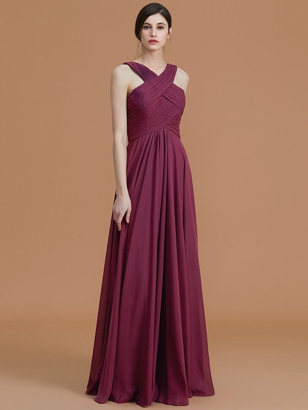 A-Line/Princess Halter Sleeveless Floor-Length Ruched Chiffon Bridesmaid Dresses CICIP0005501