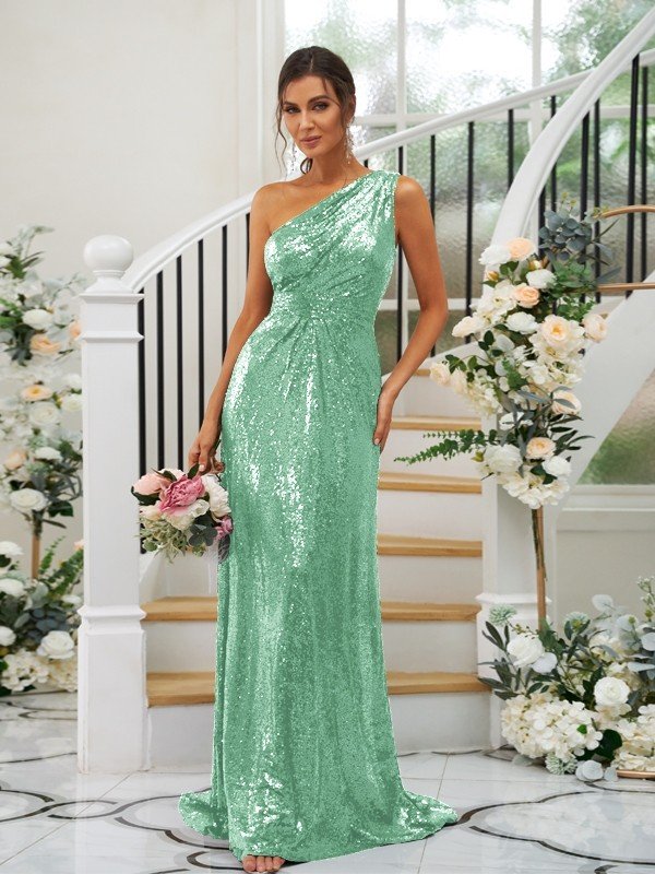 Sheath/Column Sequins Ruched One-Shoulder Sleeveless Sweep/Brush Train Bridesmaid Dresses CICIP0004900