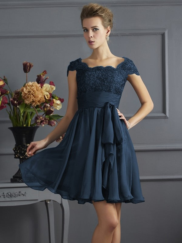 A-Line/Princess Scoop Short Sleeves Lace Short Chiffon Bridesmaid Dresses CICIP0005086