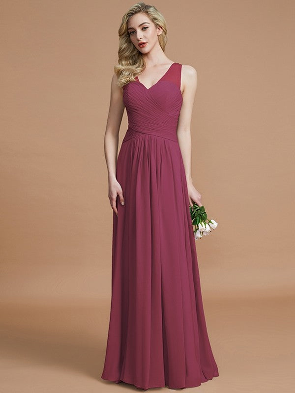 A-Line/Princess V-neck Chiffon Floor-Length Sleeveless Bridesmaid Dresses CICIP0005466