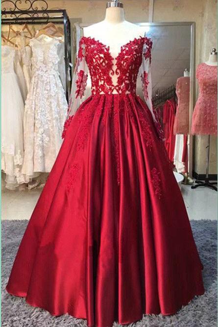 Long Sleeve Dress,Ball Gowns,Red Stain Prom Dresses with Appliques,Wedding Party Dress N42