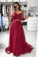 Burgundy V Neck Long Sleeves A Line Appliqued Tulle Prom Dress with Beading Belt N2567