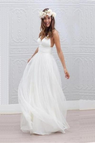 Beach Wedding Dress,White Wedding Dresses,Spaghetti Straps Wedding Gown,A Line V Neck Backless Bridal Dress