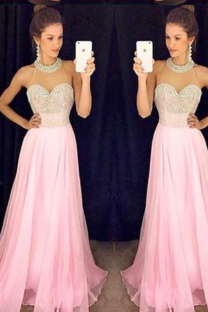 New Arrival 2024 Sexy Prom Dress,Pink Chiffon High Neck Beading Evening Dresses,N56