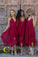 Pink V-neck Straps Tea Length Asymmetrical Lace Bridesmaid Dress,Midi Homecoming Dress,N153