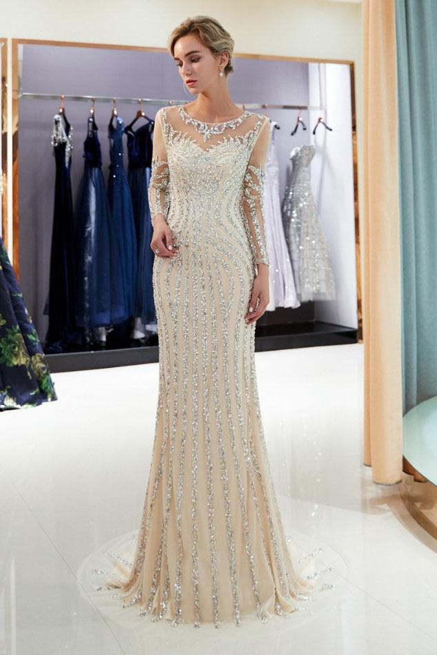 Beaded Evening Dresses Luxury Mermaid Crystal Sweep Train Long Sleeves Prom Dress N2280