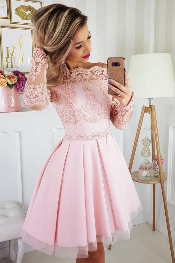 Light Pink Off the Shoulder Long Sleeves Short Homecoming Dress with Lace Appliques N1842