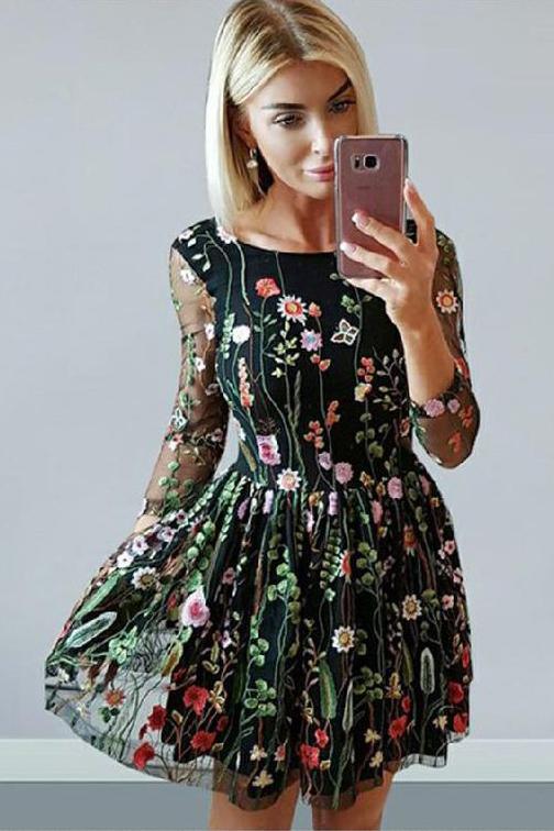 A Line Cute 3D Lace Homecoming Dress with Long Sleeves, Cute Prom Dress with Flowers N2163