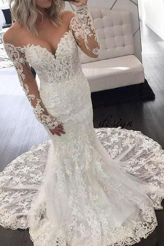 Illusion Long Sleeve Lace Mermaid Wedding Dresses, Gorgeous Long Bridal Dresses N1778