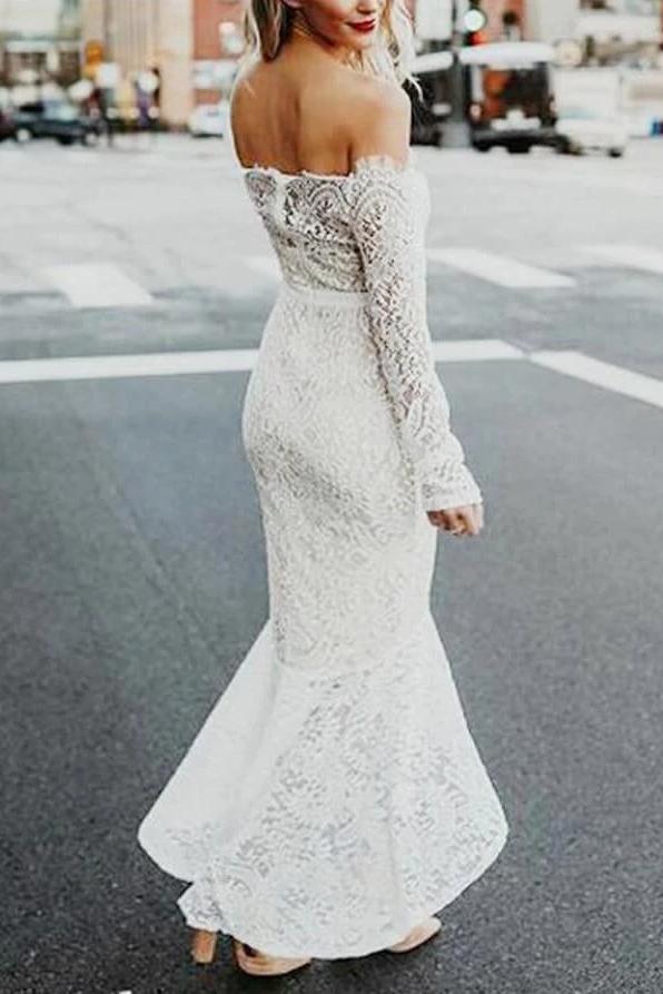 High Low Long Sleeves Mermaid Lace Wedding Dress, Off the Shoulder Lace Bridal Dress N2257