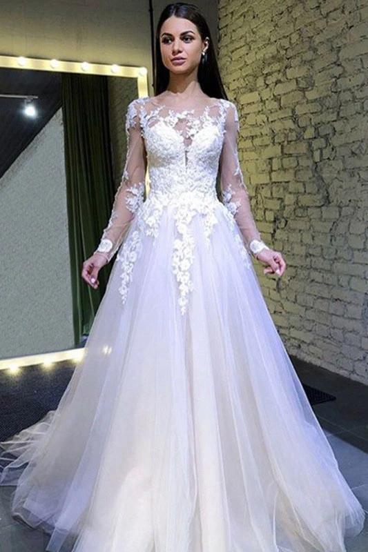 Puffy Long Sleeves Tulle Wedding Dress, Long Bridal Dress with Lace Appliques N2243
