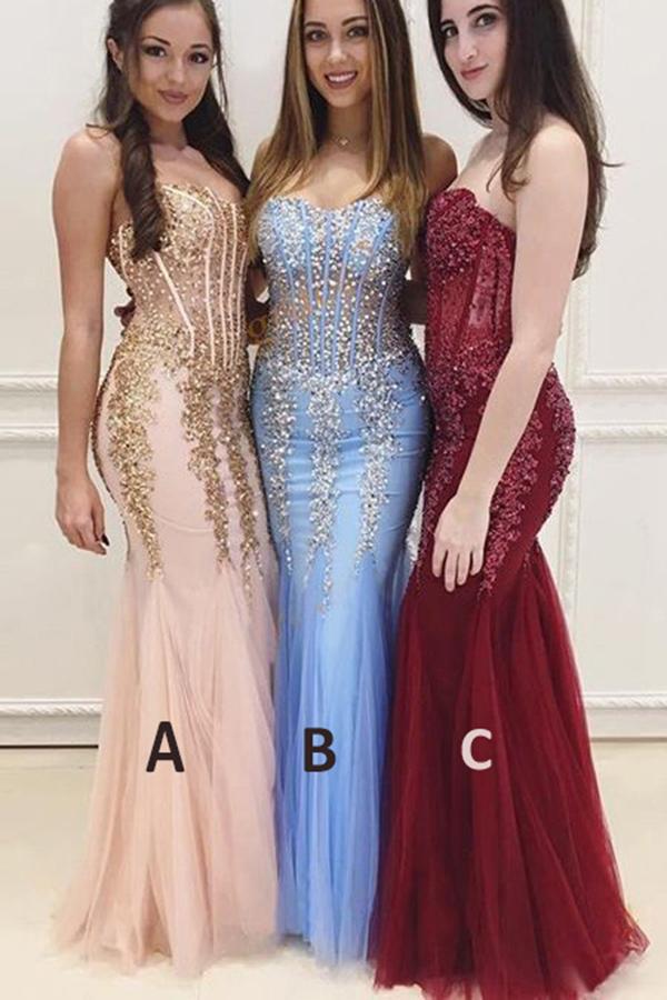Floor Length Sweetheart Mermaid Prom Dress with Appliques, Strapless Tulle Formal Dress N2437