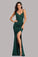 Straps Green Side Slit Mermaid Prom Dresses, Sexy Beads V Neck Formal Dress XU90815