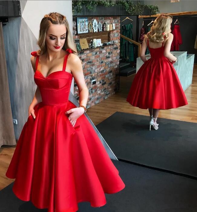 Red Straps Tea Length Satin Homecoming Dresses, A Line Sleeveless Graduation Dresses N2173