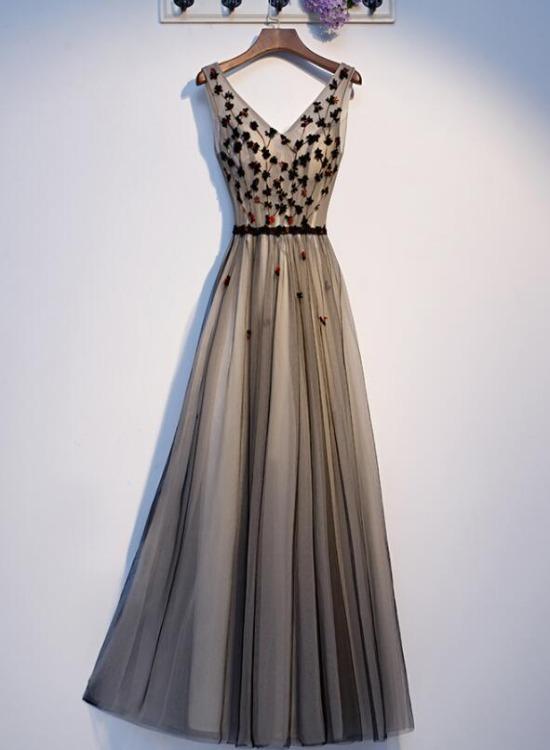 Lovely V-Neckline Tulle Beaded Black And Champagne Prom Dress, Tulle Evening Dresses nv10