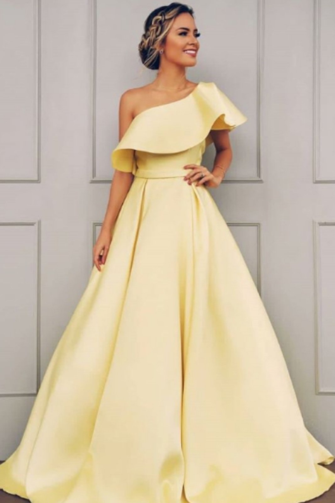 Charming One Shoulder Satin Prom Dress, A Line Cheap Satin Formal Dress N2572