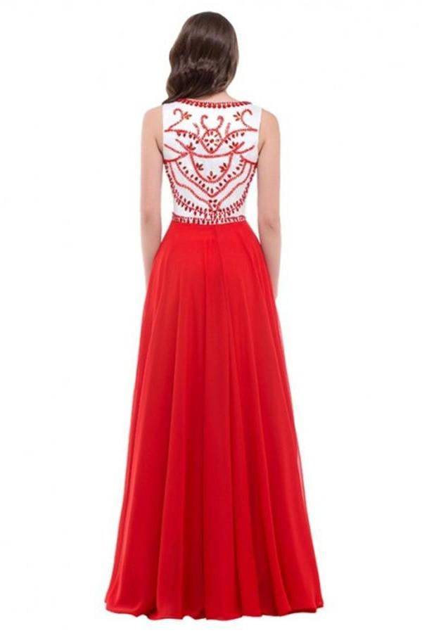 A-line Long Red Beaded Chiffon Prom Dresses SM3