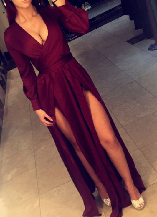 Sexy Burgundy Side Slit A-Line 2024 Long Sleeves Prom Dresses