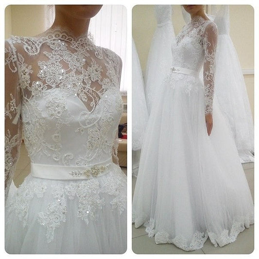 A Line Tulle With Appliques And Belt Long Sleeves 2024 Cheap Wedding Dresses