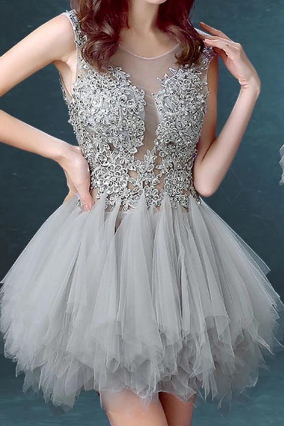 Silver Gray Tulle Scoop Unique Junior Homecoming Dress with appliques,Graduation Dress N2049