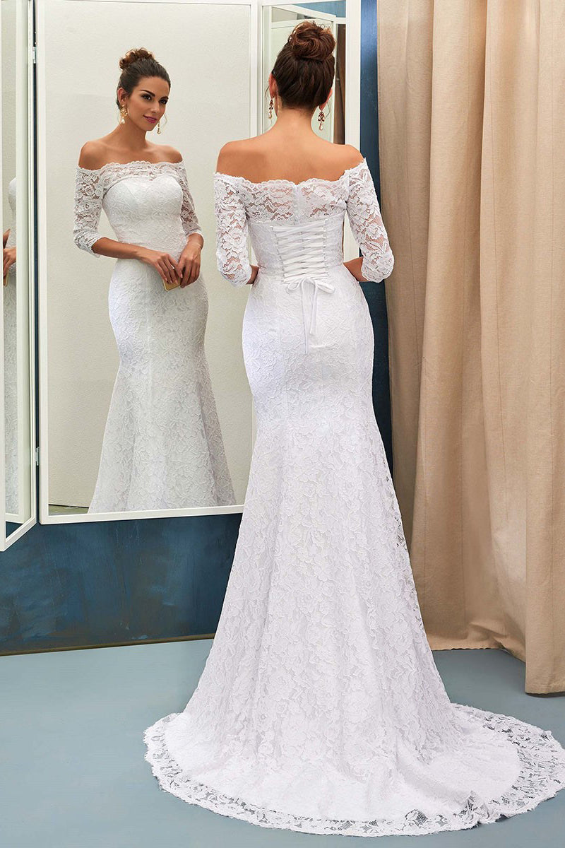Adorable Sheath Off The Shoulder Long Sleeves Lace Wedding Dresses 2024