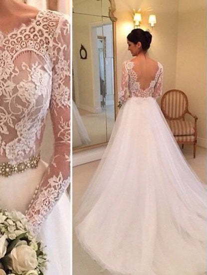 2024 Nice A Line Long Sleeves Backless Lace Wedding Dresses