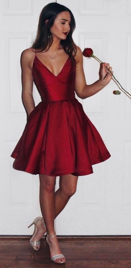 Cute A-Line Satin Red Knee Length V Neck Short 2024 Prom Dresses