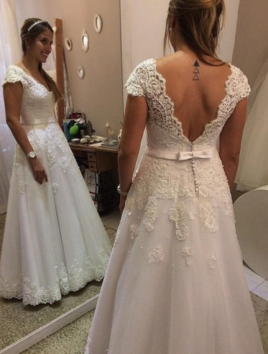 Cheap A Line Capped Sleeves 2024 Lace Wedding Dresses