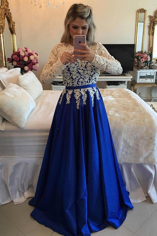 2024 New Arrival A-Line Satin Royal Blue With White Appliques Long Sleeves Prom Dresses