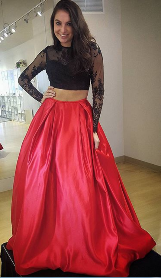 2024 Charming A-Line Satin Black With Red Two Pieces Long Sleeves Prom Dresses