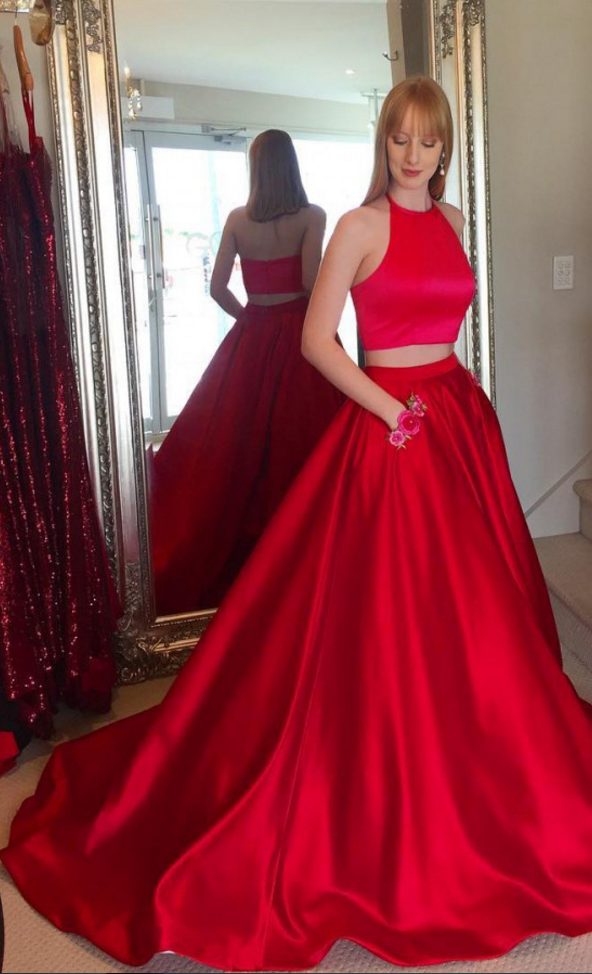 Charming Red Satin Two Pieces Ball Gown 2024 Prom Dresses