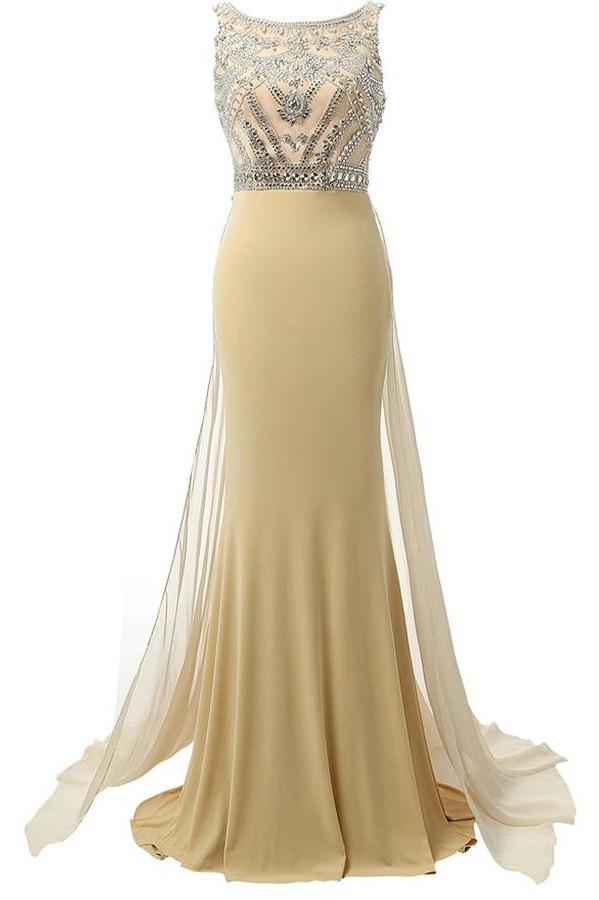 Beauty Mermaid Champagne Long Beaded Prom Party Dresses SM4