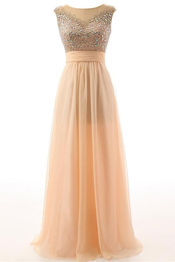 Long Beaded A-line Open Back Elegant Prom Dresses SM5