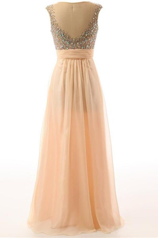 Long Beaded A-line Open Back Elegant Prom Dresses SM5