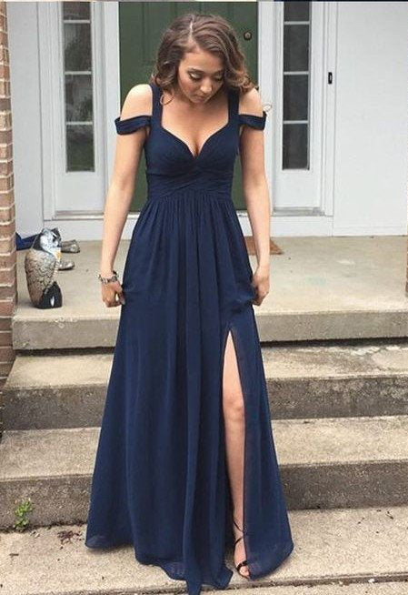 Navy Blue Straps Split Front Long Floor length A-Line Chiffon Prom Dresses