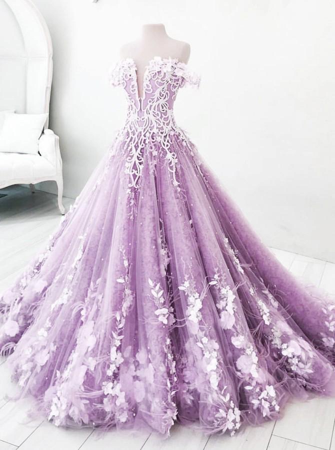 Lilac Off the Shoulder Gorgeous Long Prom Dress, Charming Formal Dress with Flowers N2539
