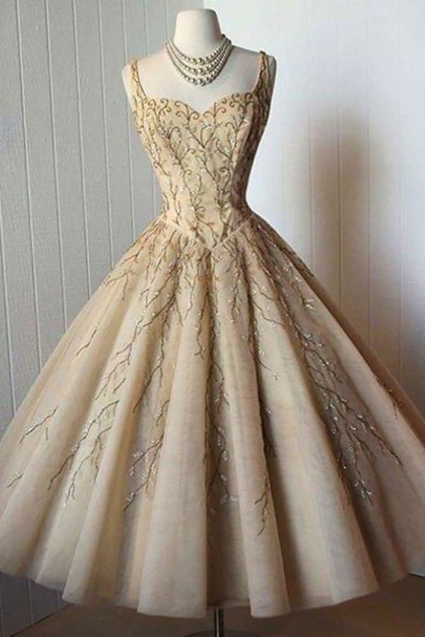 A-Line Spaghetti Straps Homecoming Dresses,Tea-Length Sleeveless Short Prom Dresses,Champagne Lace Organza Homecoming Dresses with Appliques,Homecoming Dresses DC40