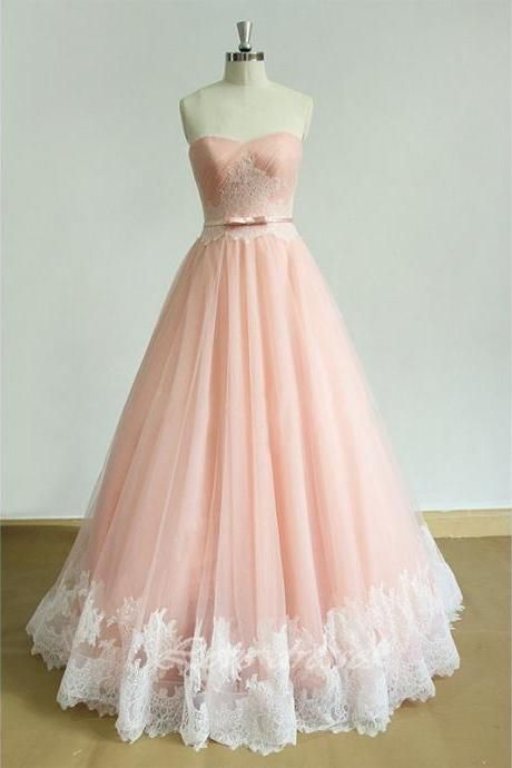 2024 Strapless Long Lace Prom Dresses,Back Up Lace Pink Prom Dress For Teens
